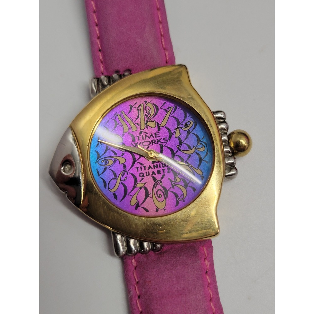 Time Works Vintage Fish Shaped Watch Titanium‎ Quartz Pink Leather Strap Purple